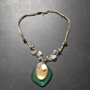 Avon Gold Tone Blue Green White Beaded Pendant Statement Necklace